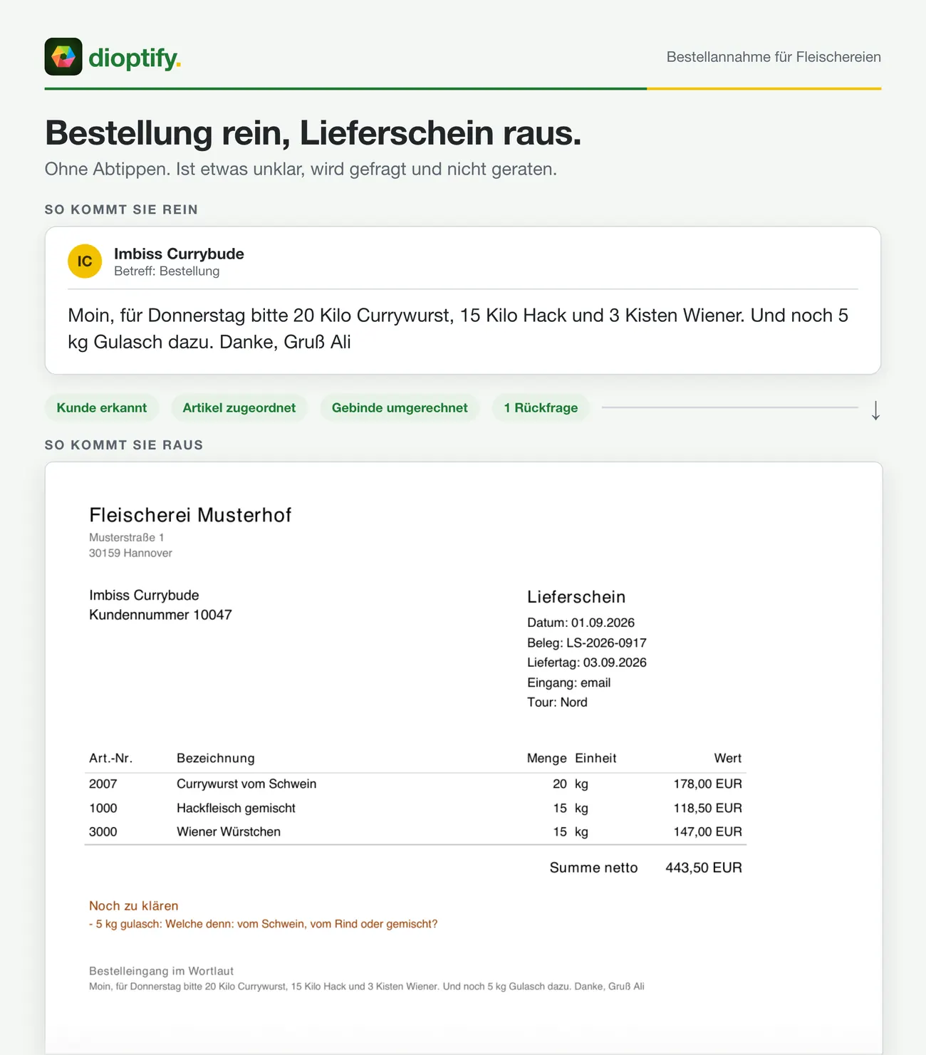 Eine formlose Bestellmail wird zu einem Lieferschein mit Artikelnummern und einer offenen Rückfrage