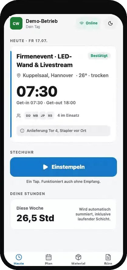 crewwerk, Tagesansicht mit Einsatz und Stechuhr