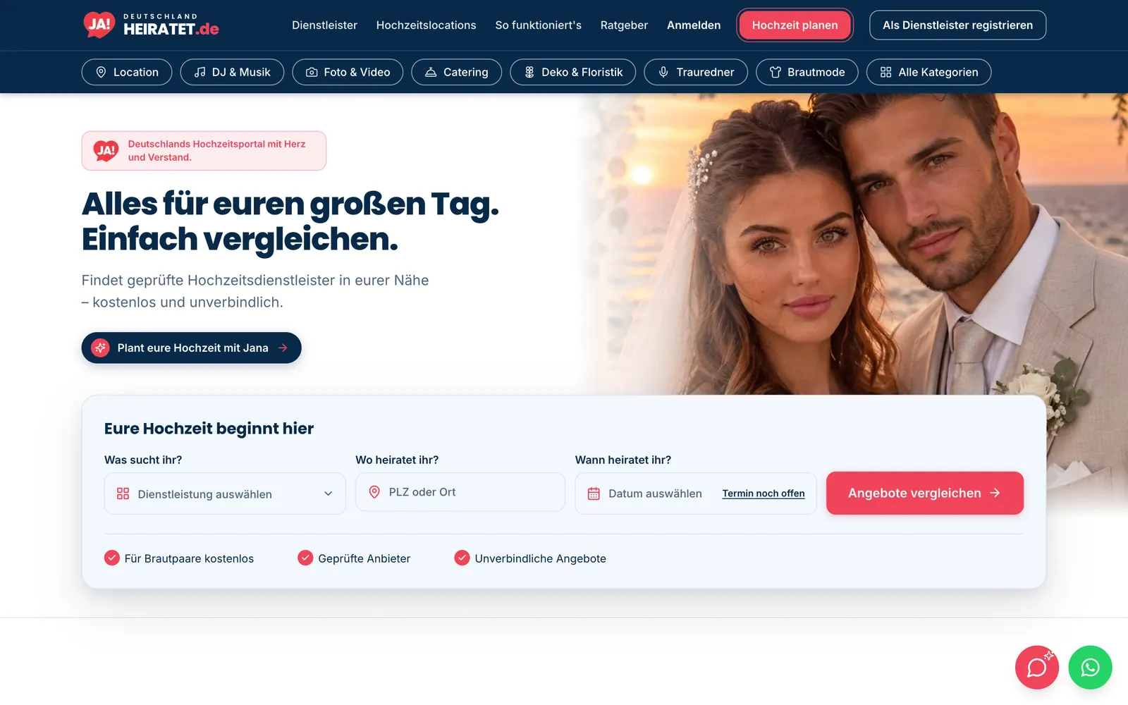 Startseite von deutschlandheiratet.de mit Suche nach Dienstleistung, Ort und Datum
